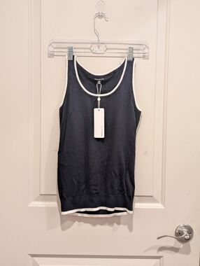 Minnie Rose Navy Knit Tank with White Trim Cotton / Cashmere XS